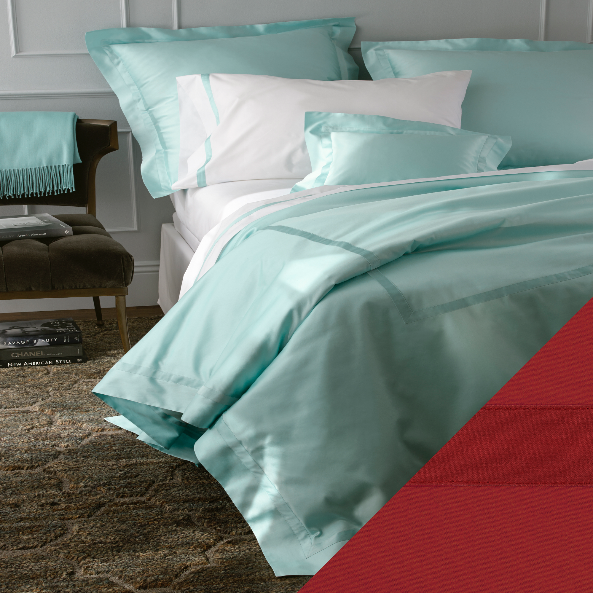 Matouk Nocturne Collection in Full Bedding with Scarlet Colored Swatch