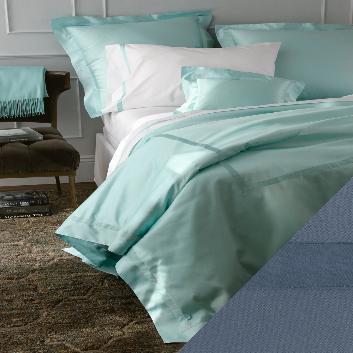Matouk Nocturne Collection in Full Bedding with Steel Blue Colored Swatch
