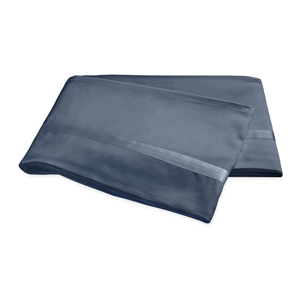Folded Flat Sheet of Matouk Nocturne Bedding in Steel Blue Color