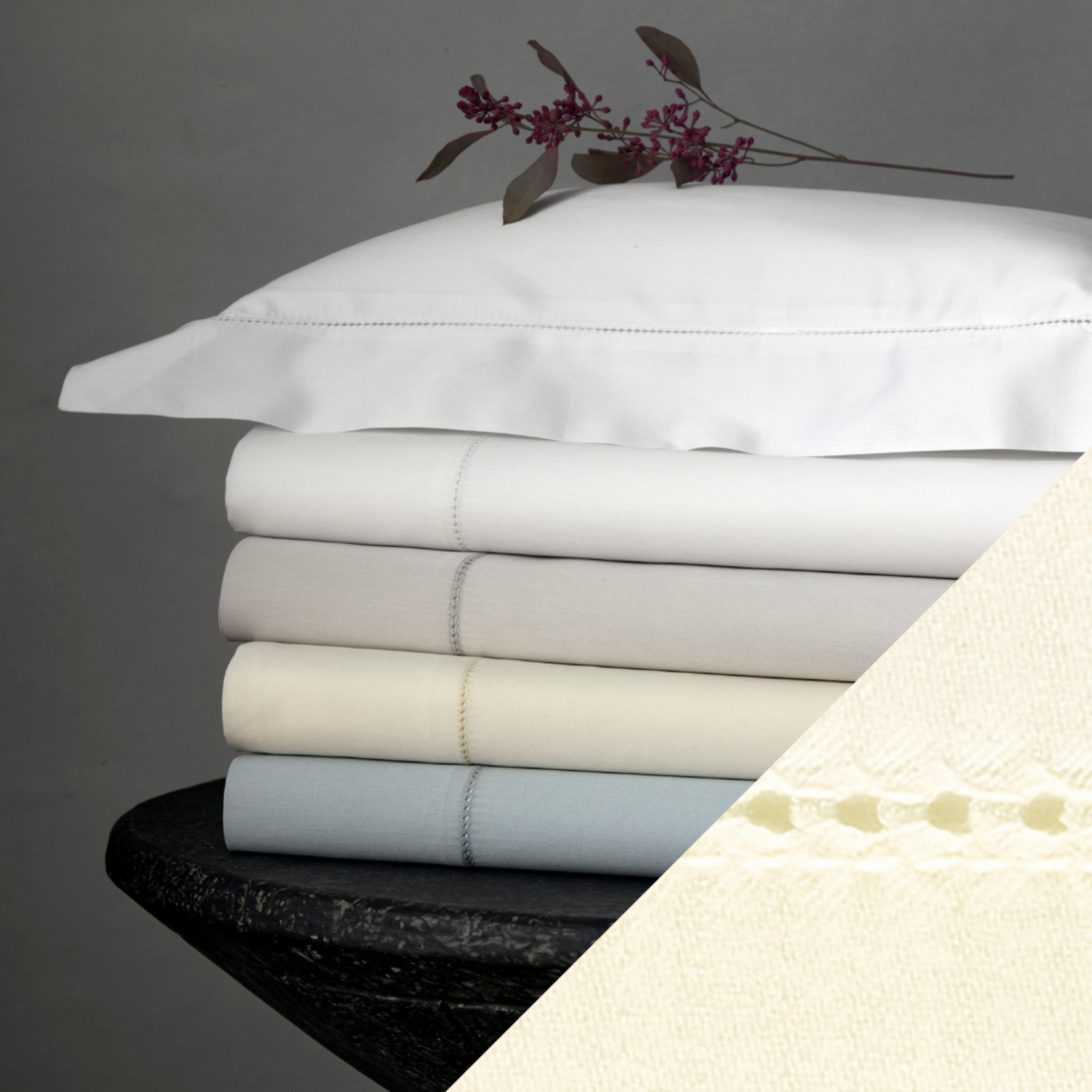 Matouk Nocturne Hemstitch Stack Ivory Main Fine Linens