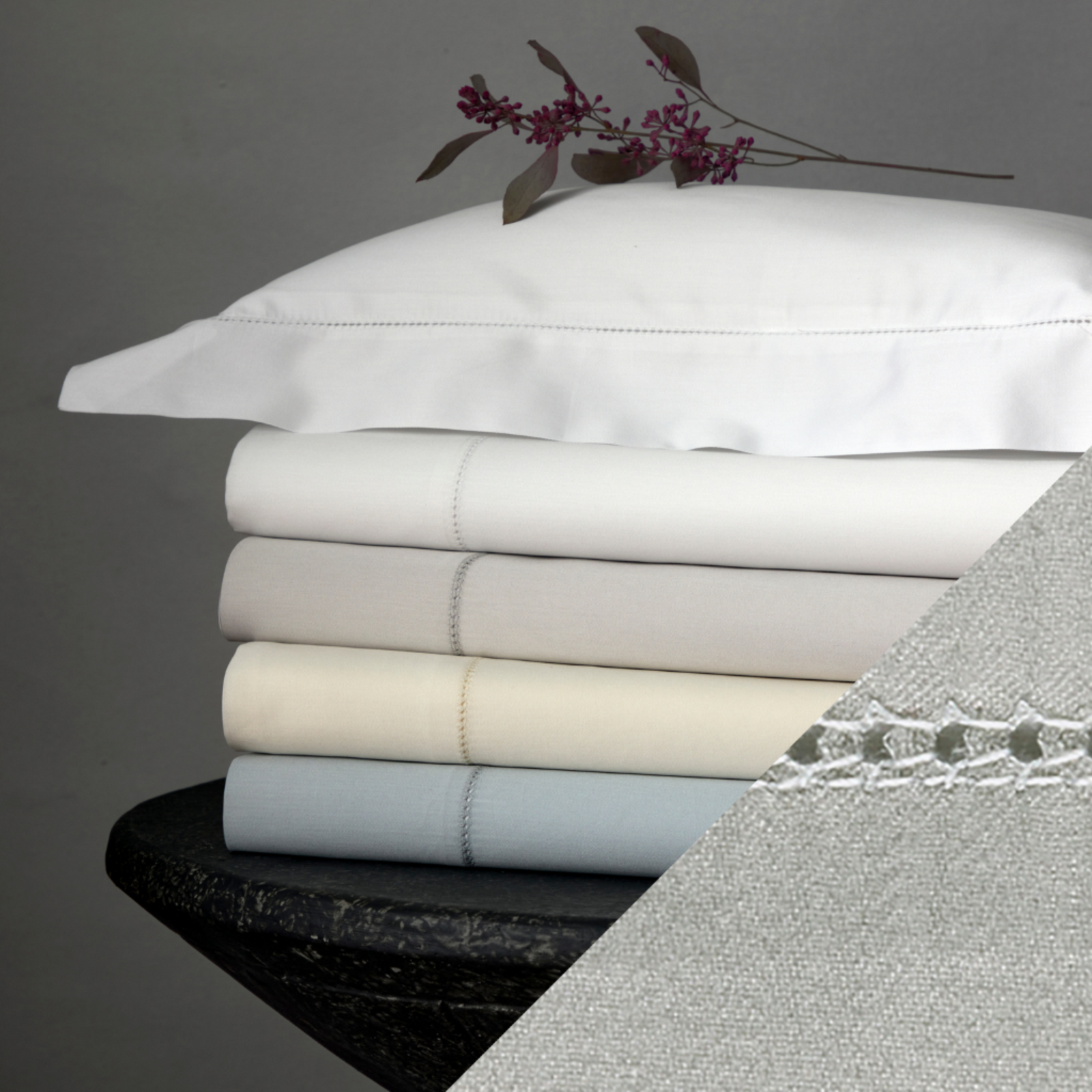 Matouk Nocturne Hemstitch Stack Silver Main Fine Linens