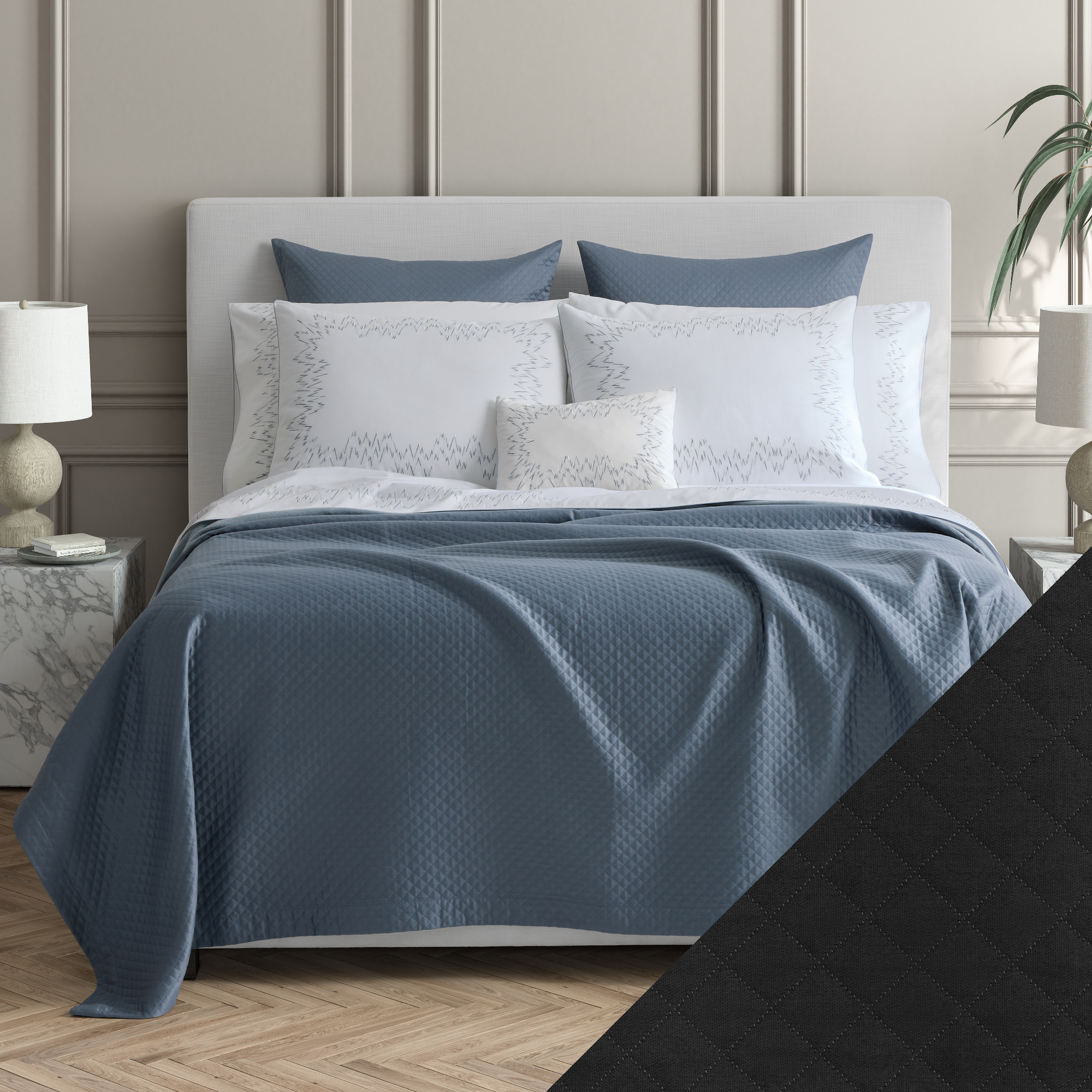 Full Bedding of Matouk Petra Collection with Black Swatch