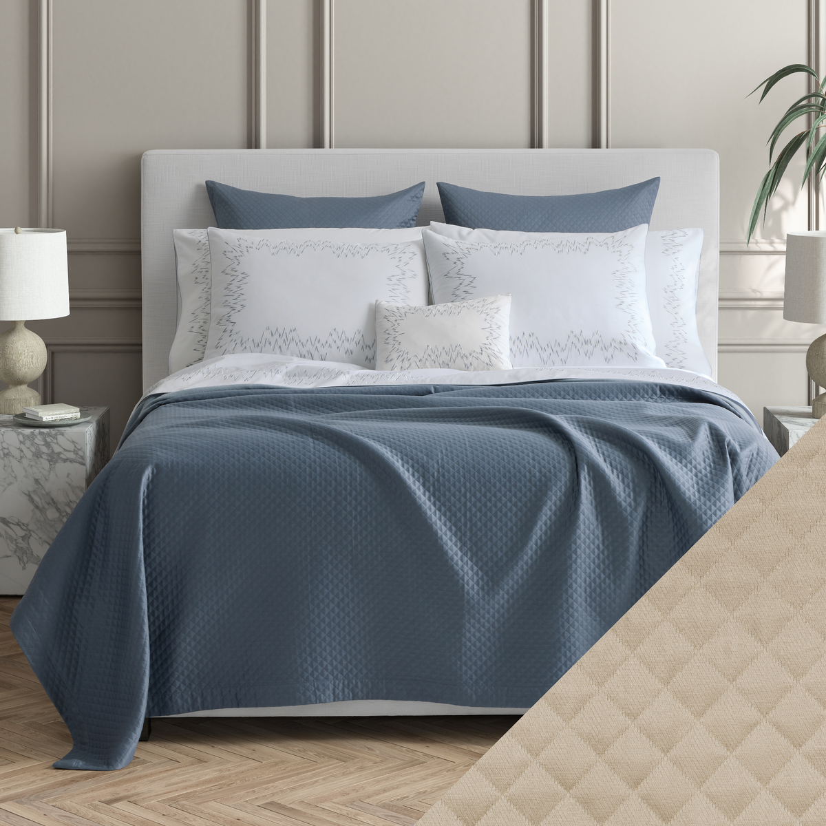 Full Bedding of Matouk Petra Collection with Dune Swatch Sample
