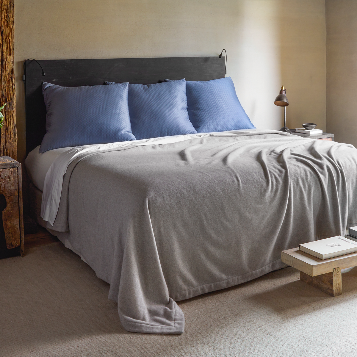 Lifestyle Full Bedding of Matouk Venus Collection in Pearl Grey Color