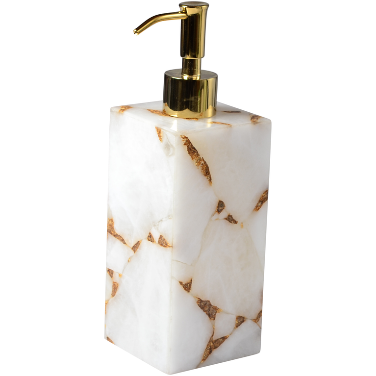 Mike and Ally Taj Premium Gemstone Bath Accessories Box Pump Milk Quartz with Gold Foil