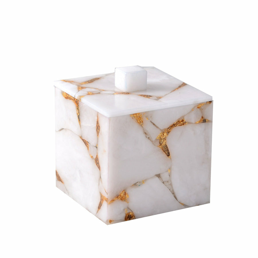 Mike and Ally Taj Premium Gemstone Bath Accessories Square Container Milk Quartz with Gold Foil