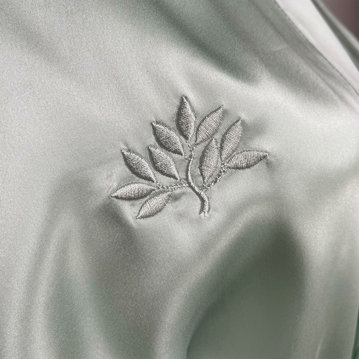 Mulberry Park Silks 100% Pure Silk Robe Embroidered Sage Fine Linens