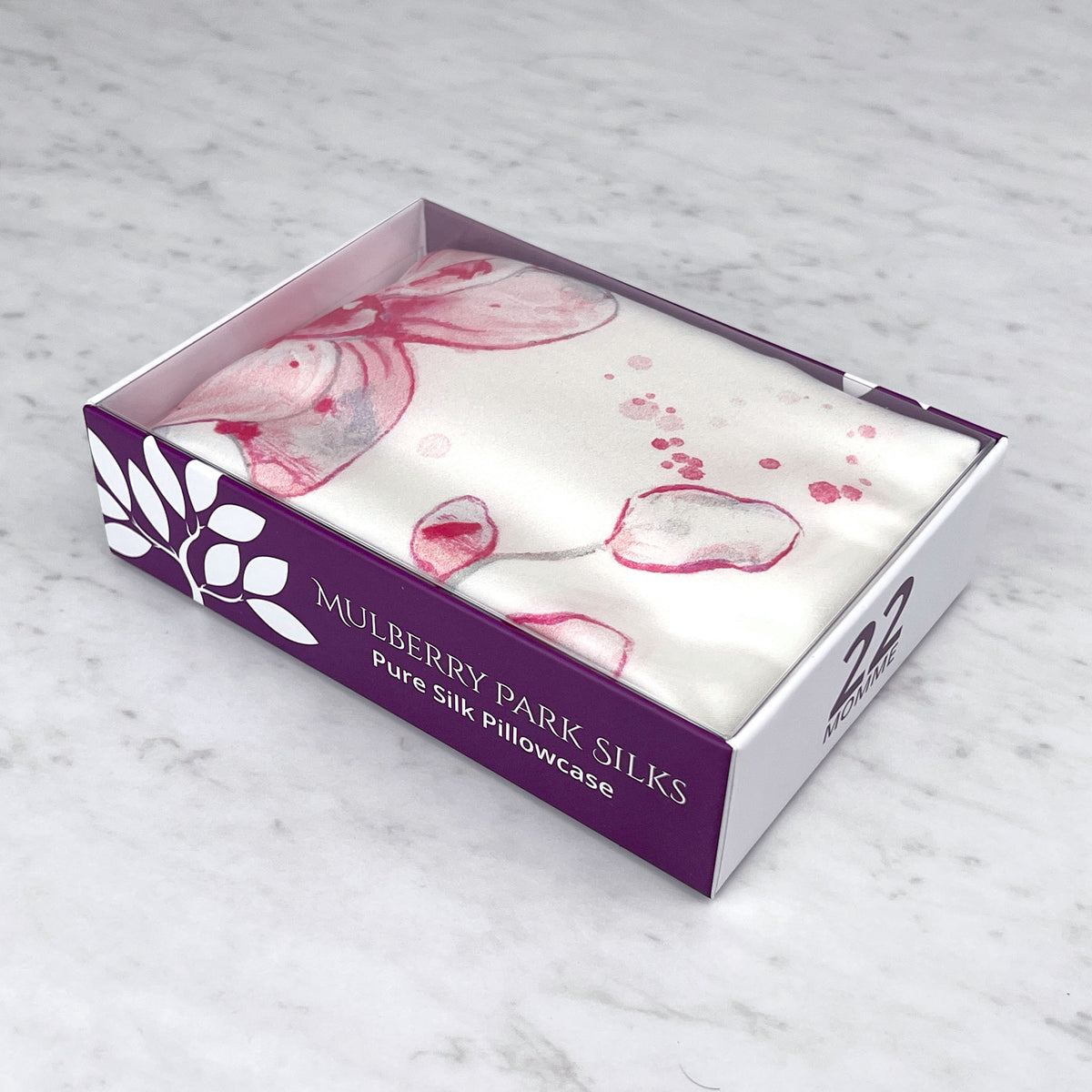 Mulberry Park Silks Pink Orchids Silk Pillowcase in a box