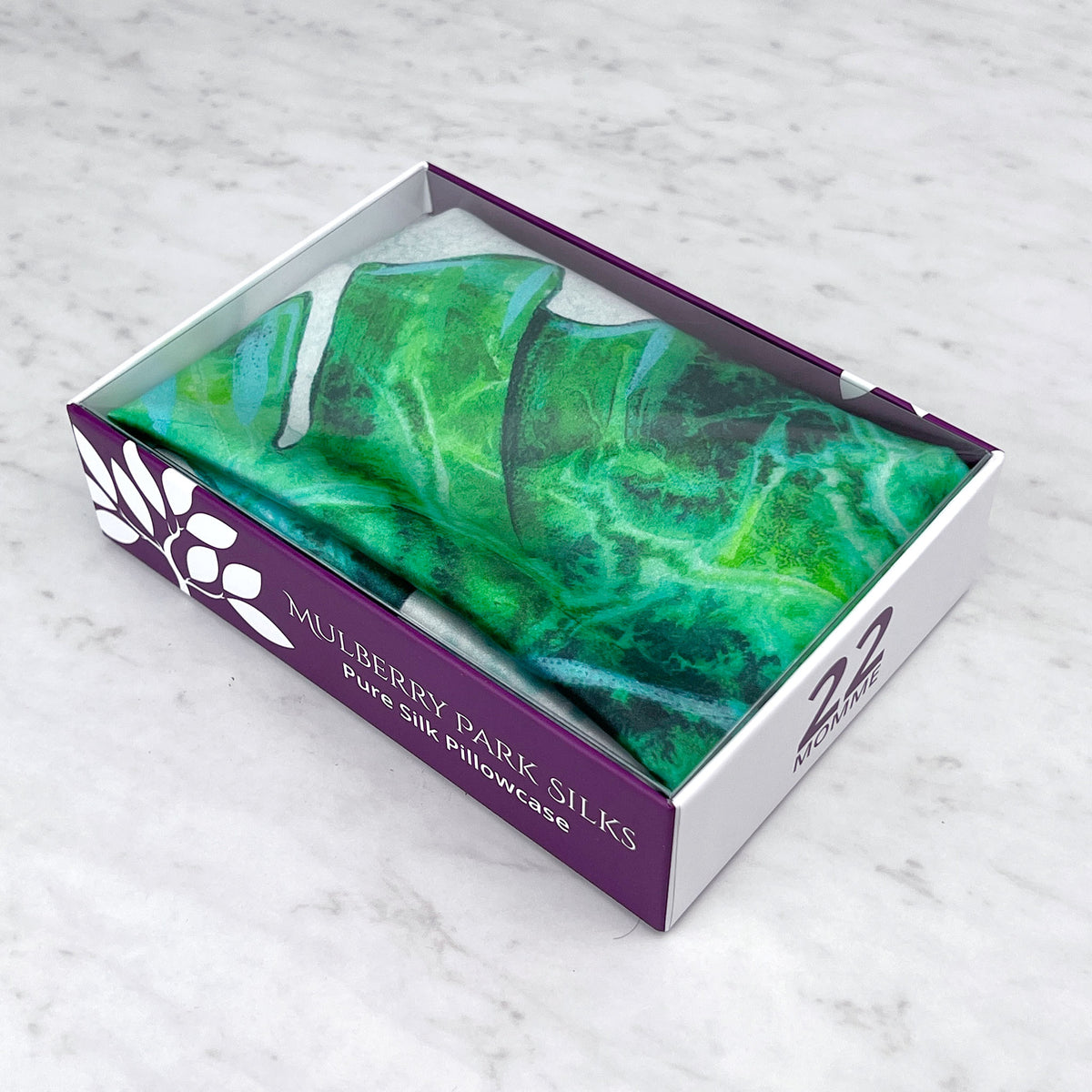 Tropical Palms Silk Pillowcase from Mulberry Park Silks in a box