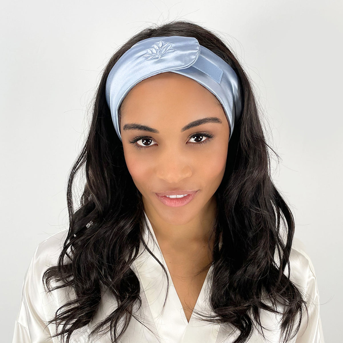 Woman wearing a Steel Blue Silk Glam Band from Mulberry Park Silks