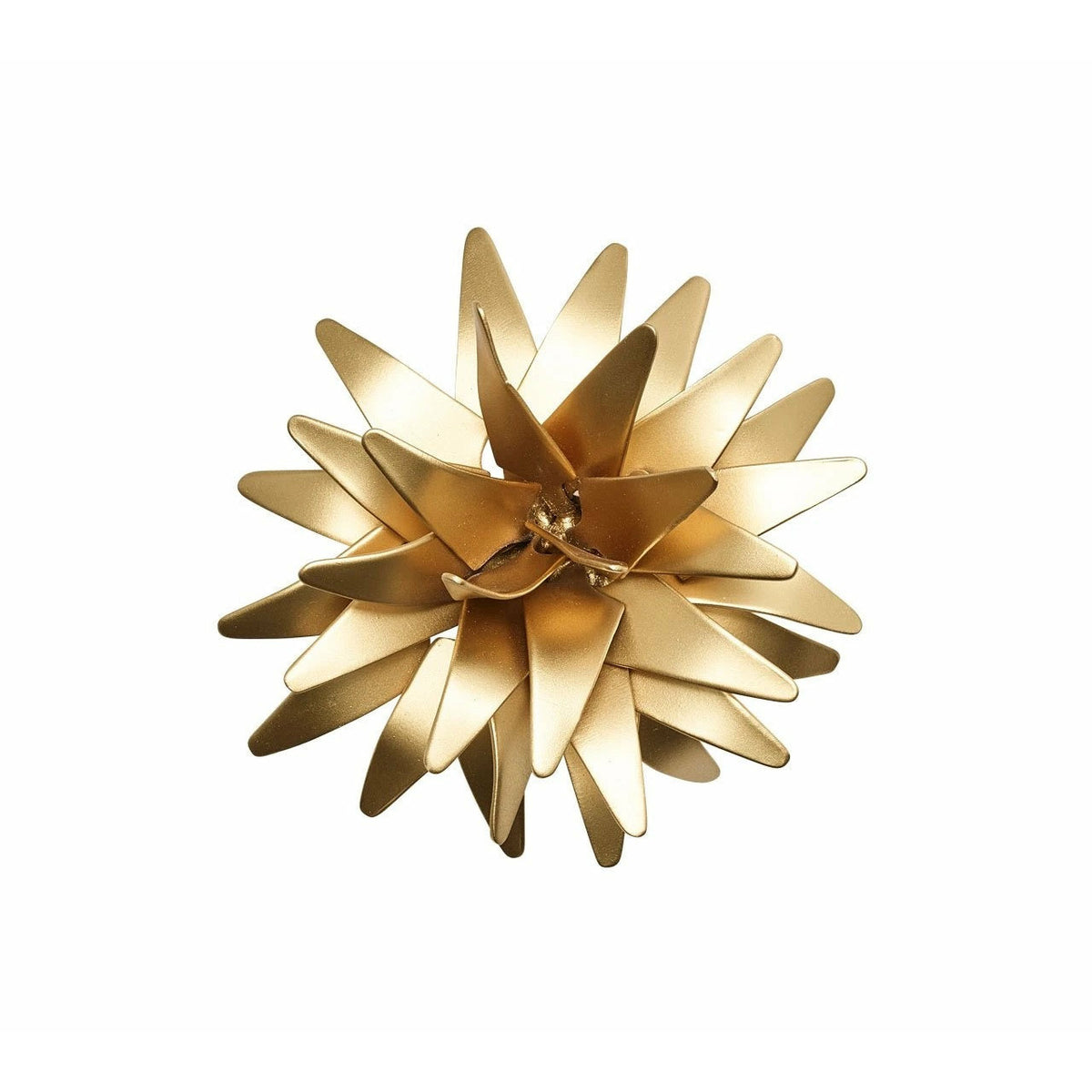 A gold metallic gift bow with starburst loops, resembling Kim Seybert’s gold napkin rings, viewed from above.