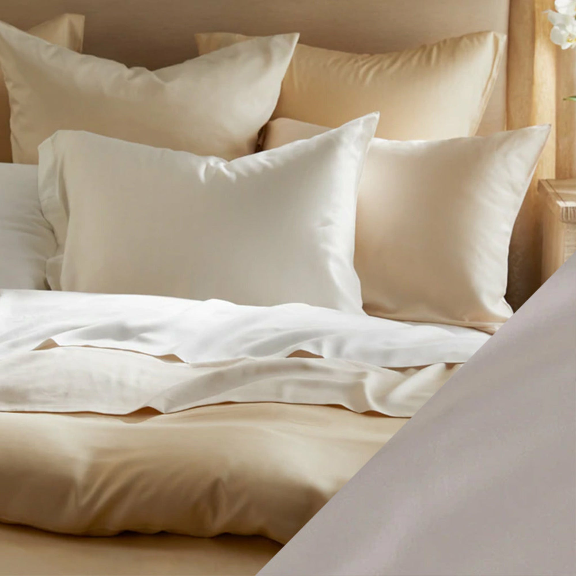 Main Lifestyle of SDH Legna Classic Bedding with Swatch of Cappuccino