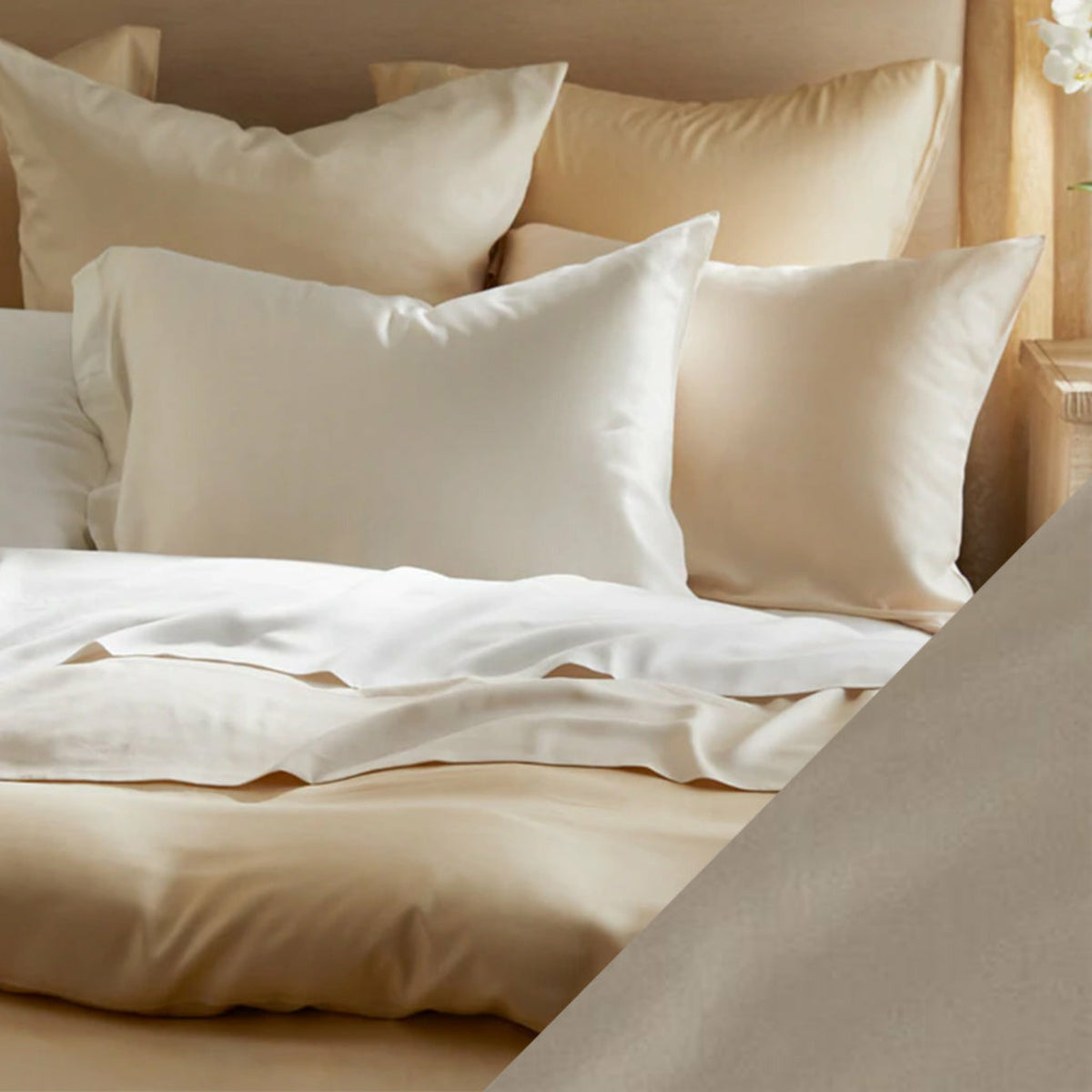 Main Lifestyle of SDH Legna Classic Bedding with Swatch of Flax