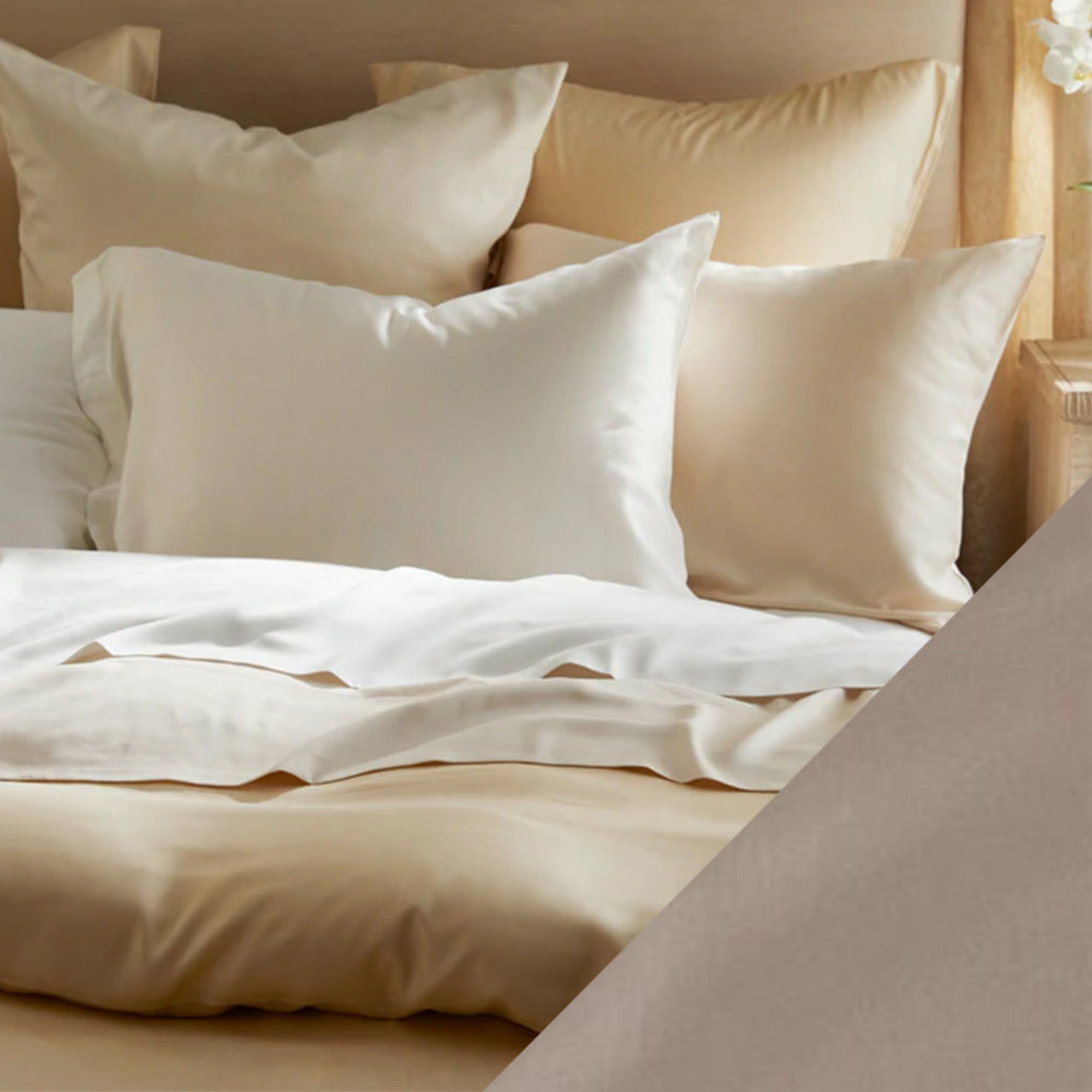 Main Lifestyle of SDH Legna Classic Bedding with Swatch of Mushroom