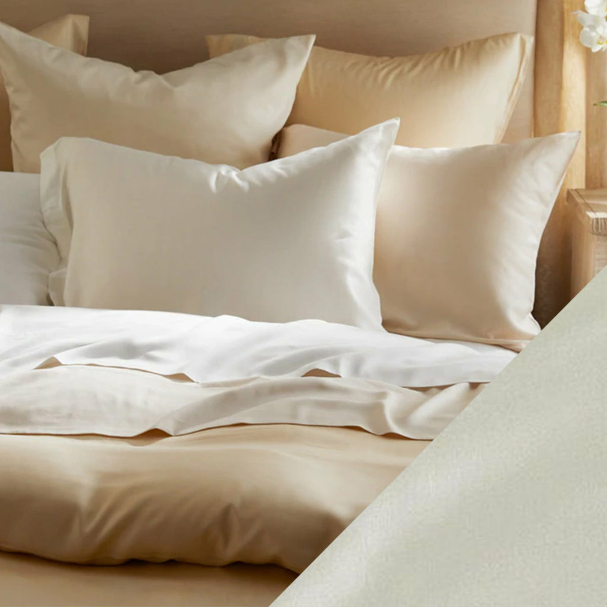 Main Lifestyle of SDH Legna Classic Bedding with Swatch of Sand