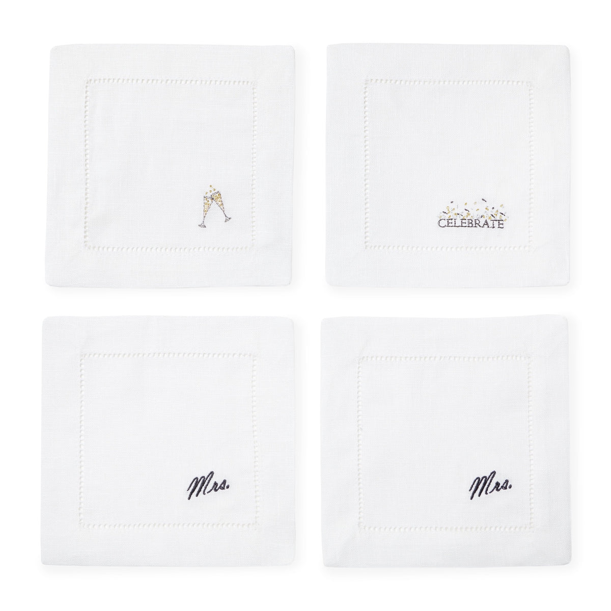 Top view of Sferra Celebrations Cocktail Napkins - Mrs/Mrs