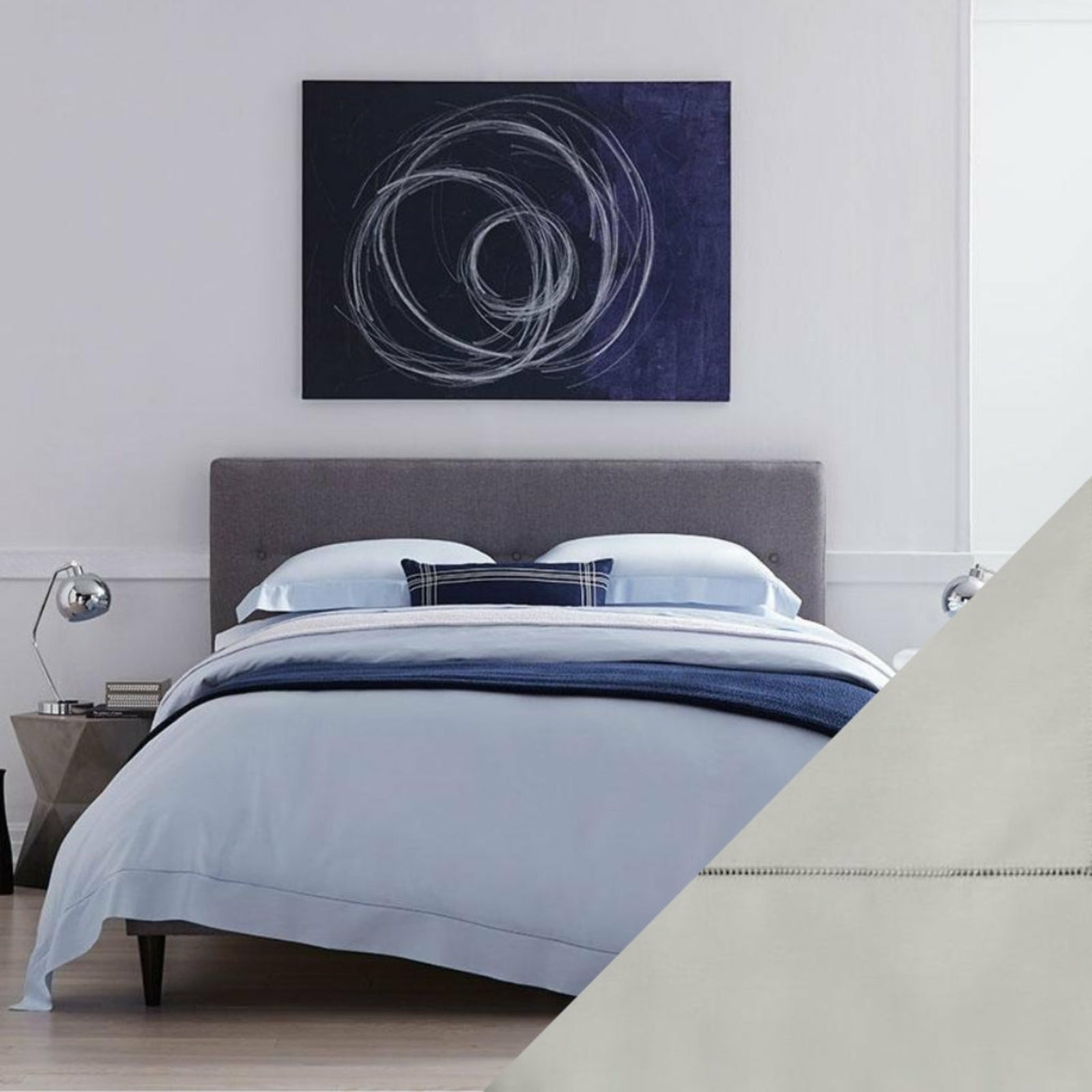 Full Lifestyle Image of Sferra Fiona Bedding with Swatch of Grey