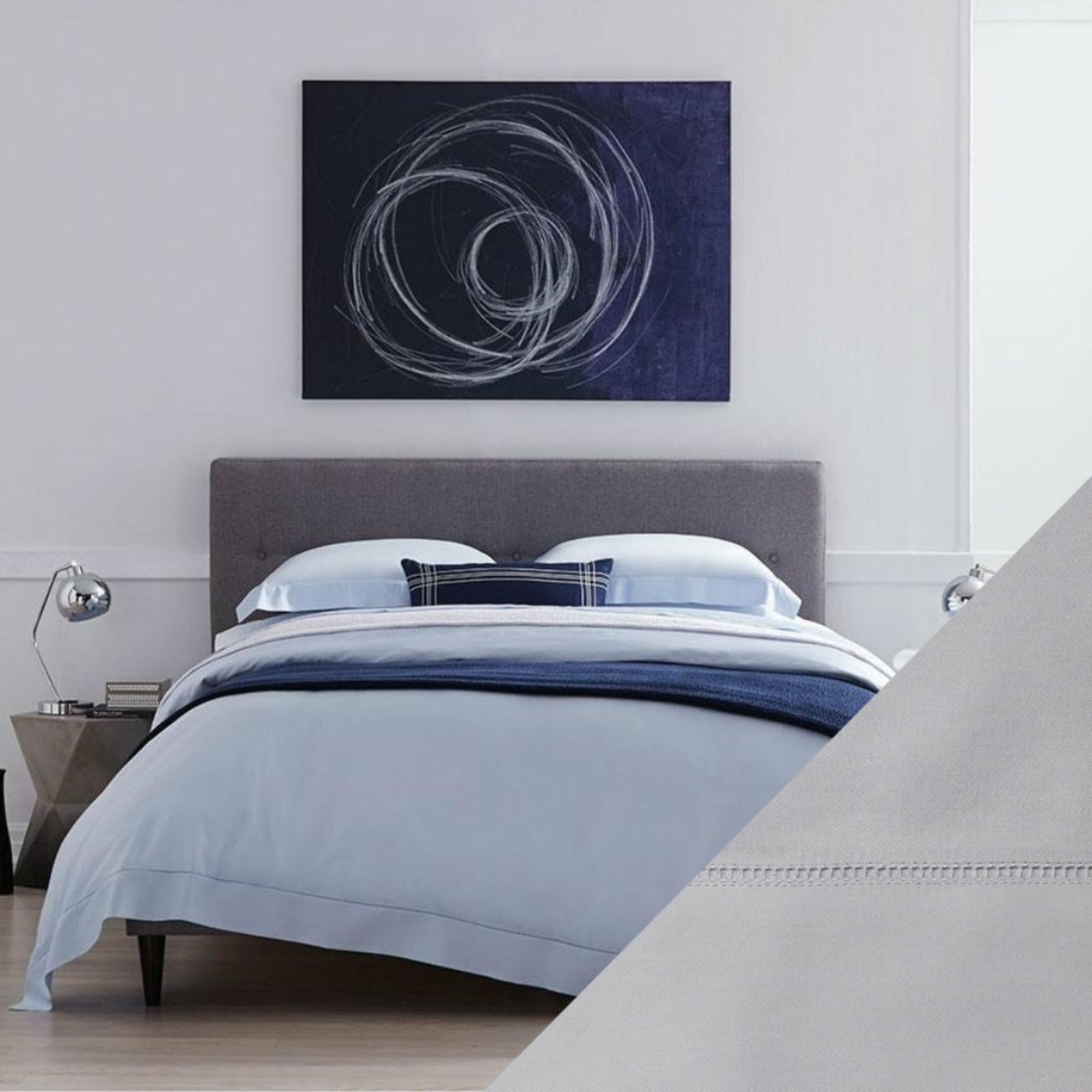 Full Lifestyle Image of Sferra Fiona Bedding with Swatch of Lunar