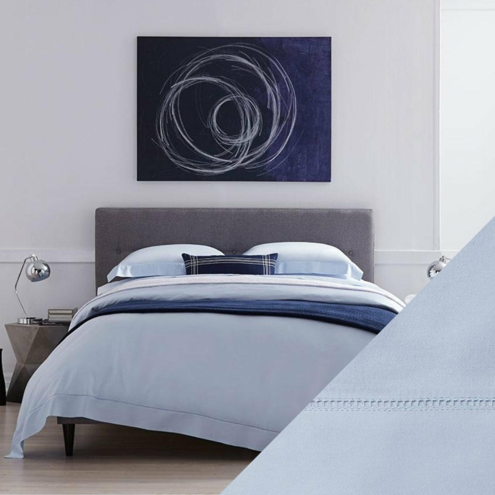 Full Lifestyle Image of Sferra Fiona Bedding with Swatch of Powder