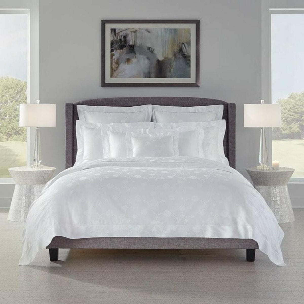 Full Bed Dressed in Sferra Giza 45 Jacquard Bedding Color White
