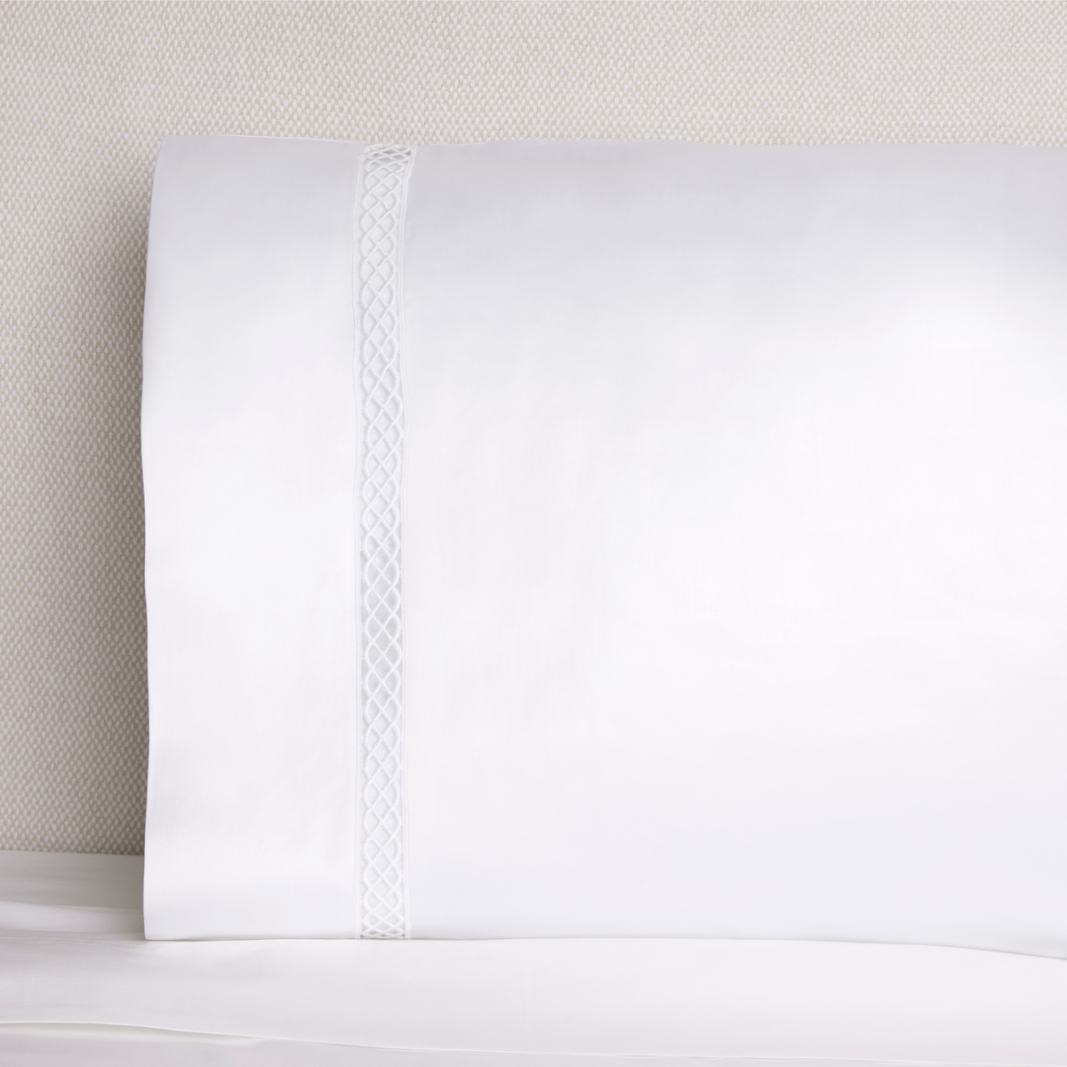 Sferra Giza 45 Ornato Bedding Pillowcase On Bed White Fine Linens