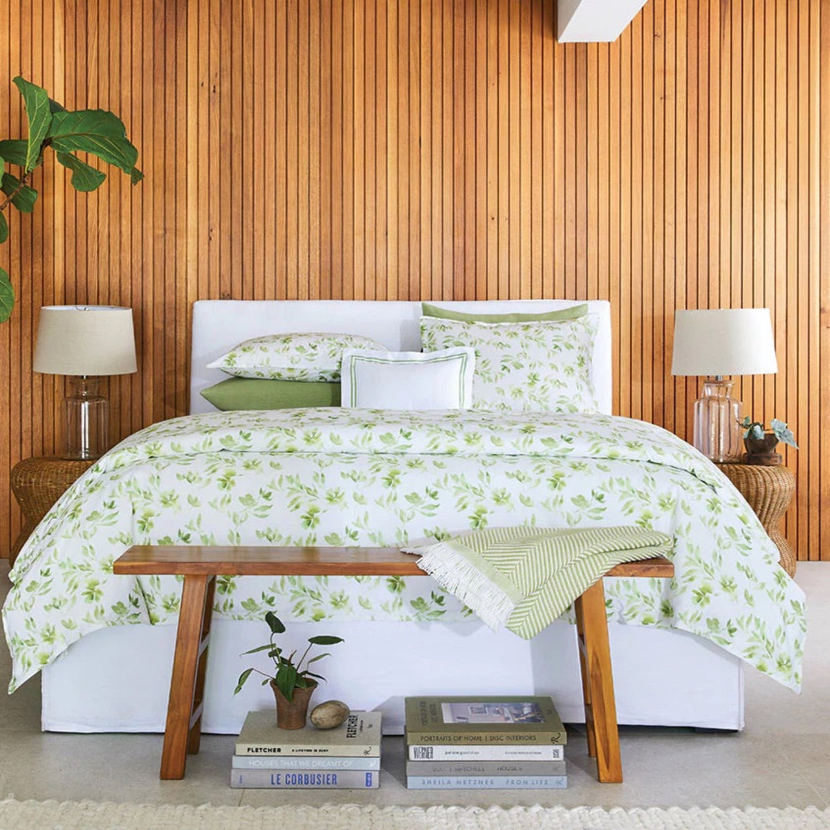 Full Bedding Lifestyle Image of Sferra Procida Bedding in Kiwi Color