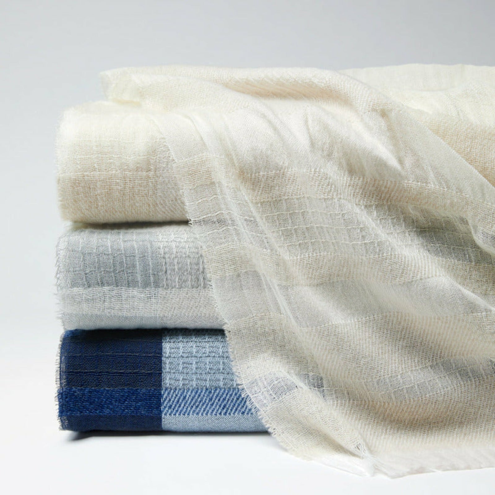 Sferra Rimini Fringed Throw Blanket Stack Denim Fine Linens