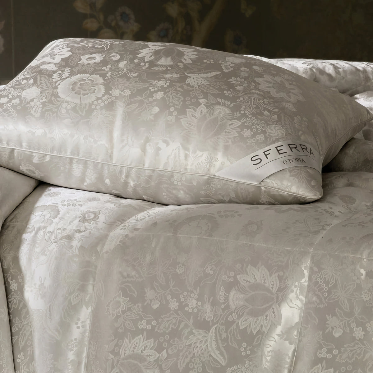 Sferra Utopia Duvet Insert bedding and Pillows on top