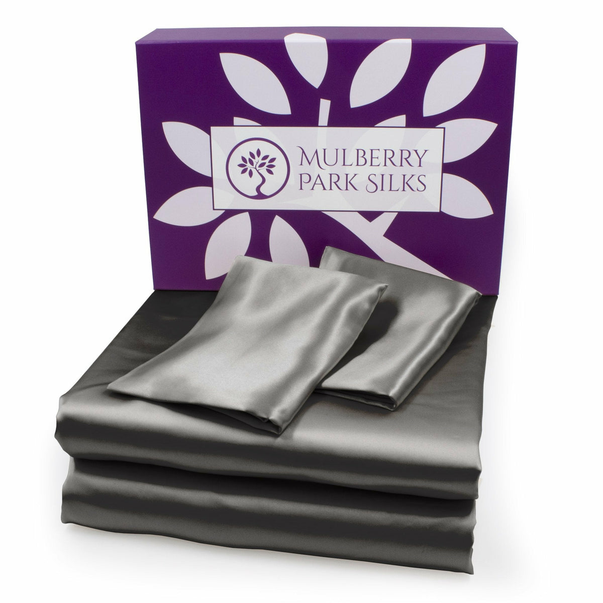 Mulberry Park Silks 22 Momme Sheet Set with Box Gunmetal Fine Linens