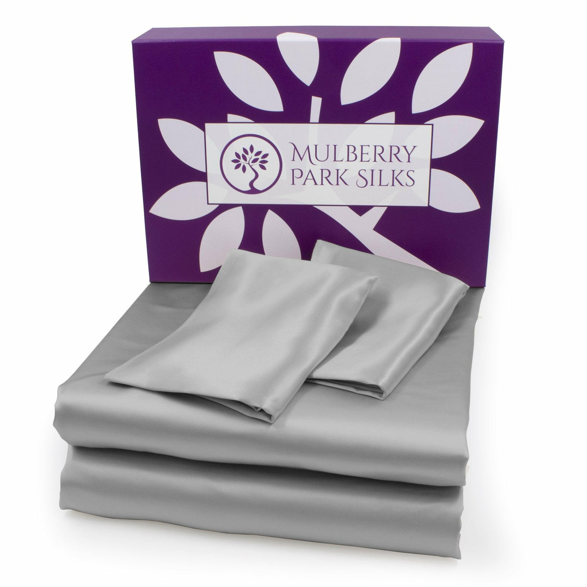Mulberry Park Silks 22 Momme Sheet Set with Box Silver Fine Linens