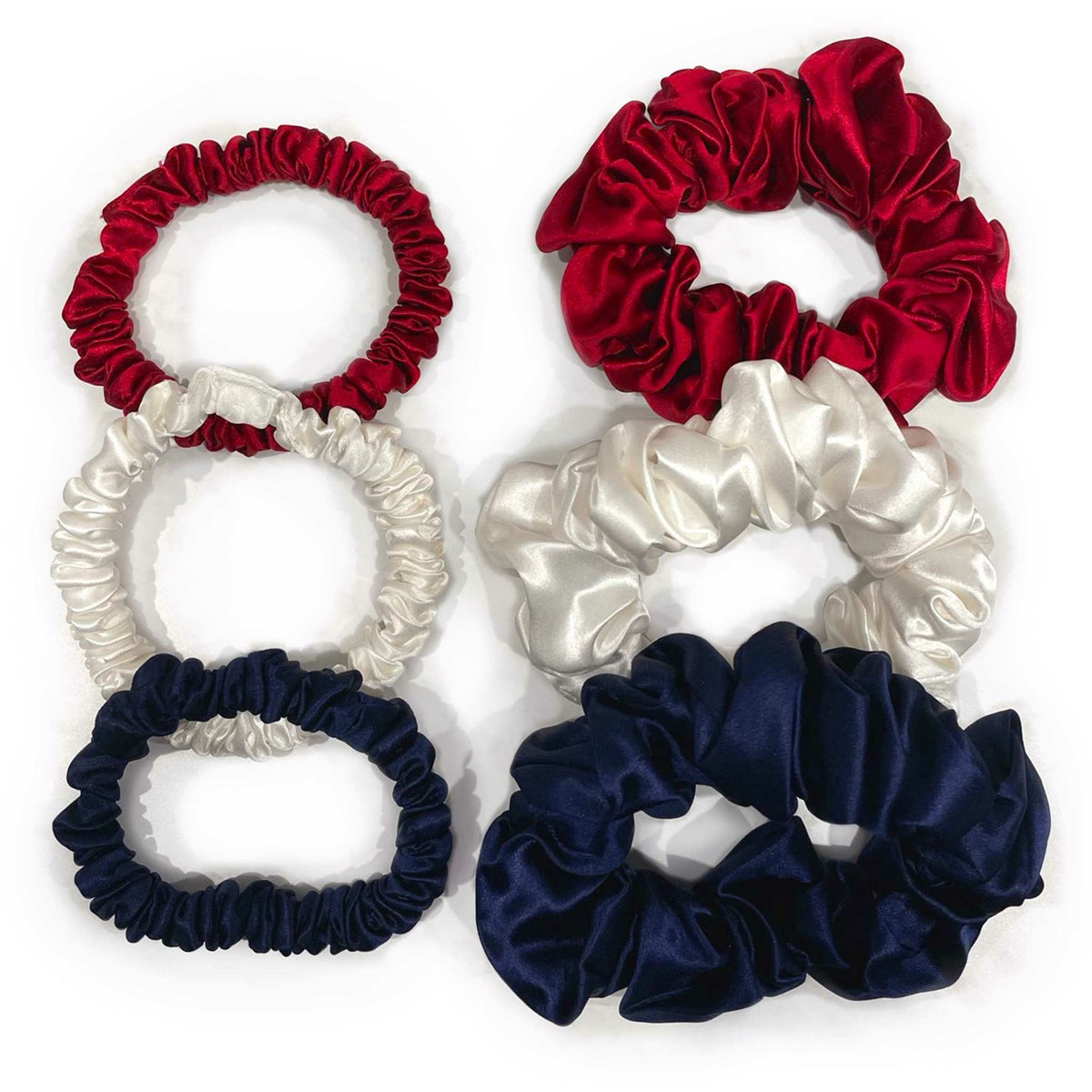 Mulberry Park Silks Charmeuse Silk Hair Scrunchies - Ruby Red/Bright White/Navy Blue