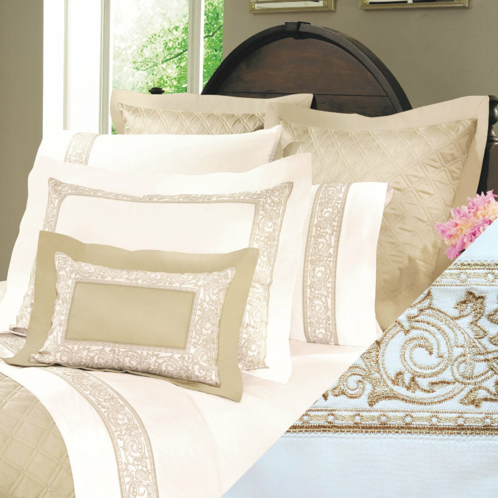 Home Treasures Paris Bedding  White Olive Gold Fine Linens