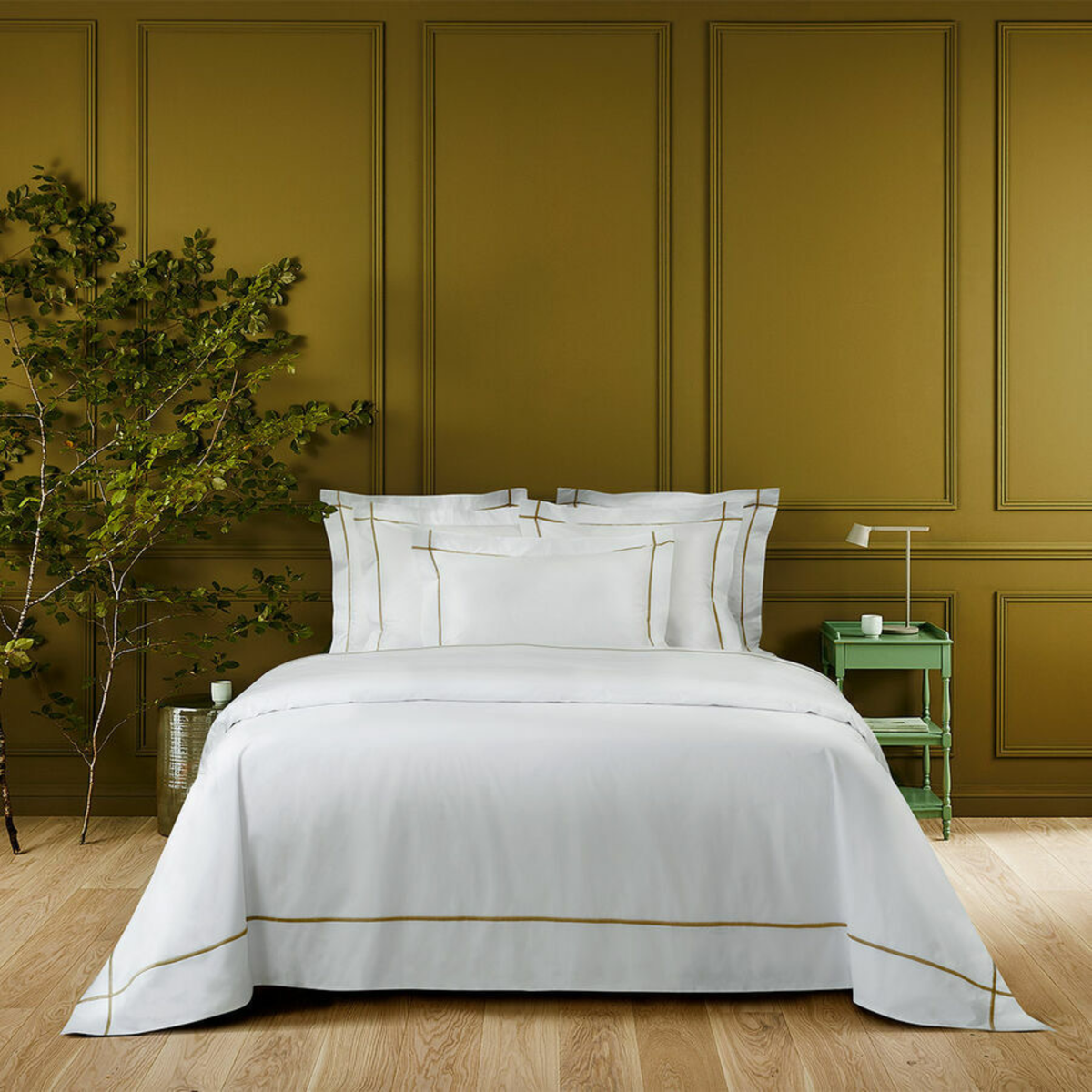 Full Bed Dressed in Yves Delorme Athena Bedding in Bronze Color