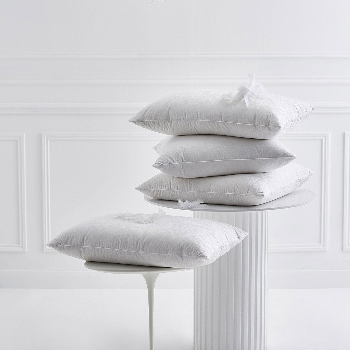 Yves Delorme Down &amp; Feather 3 Chamber Pillows Stacked on Greek Columns