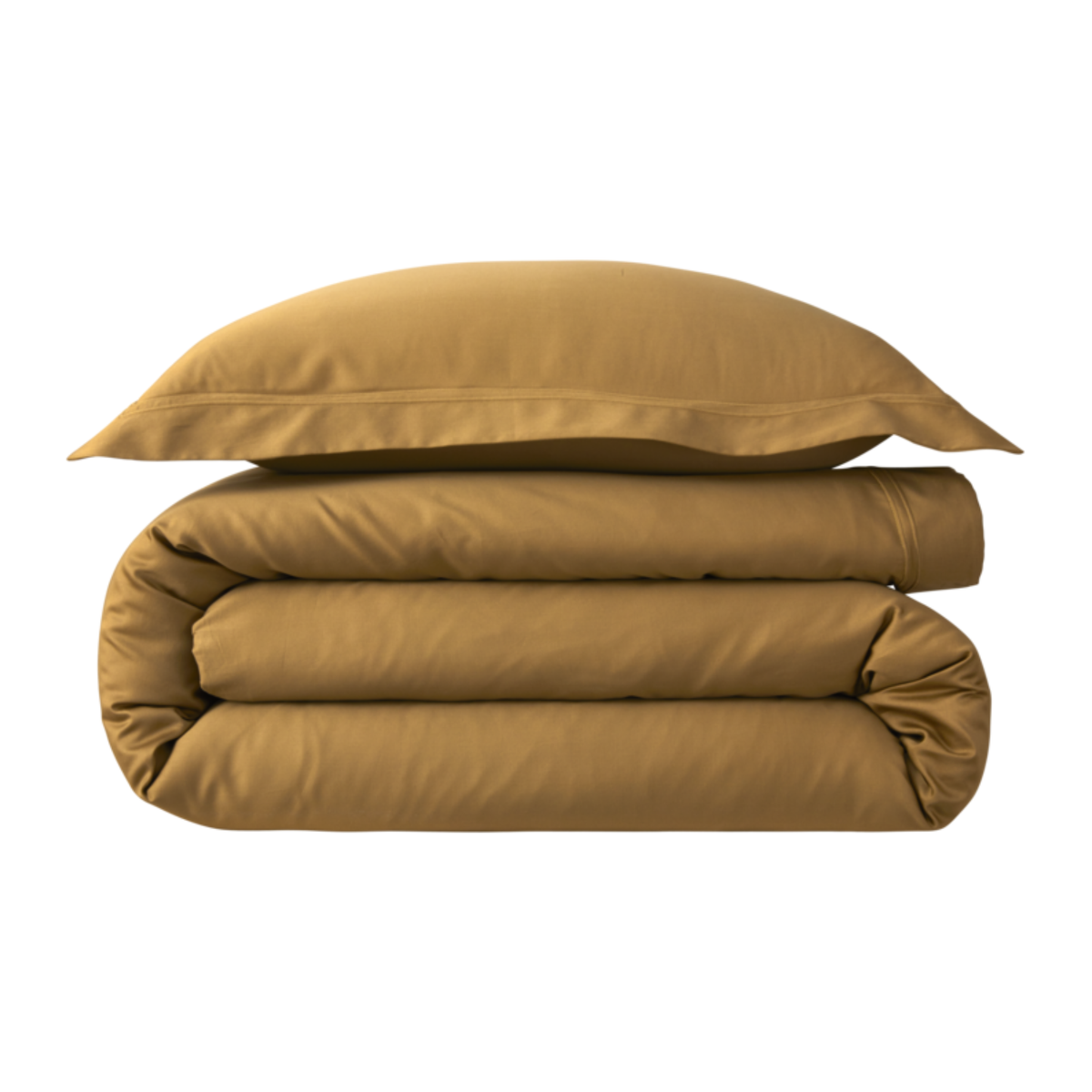 Stack of Pillow and Sheets of Yves Delorme Triomphe Bedding in Bronze Color