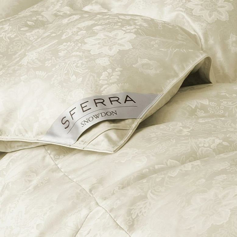 Sferra Snowdon Down Duvet Inserts Closeup Photo with Sferra Logo